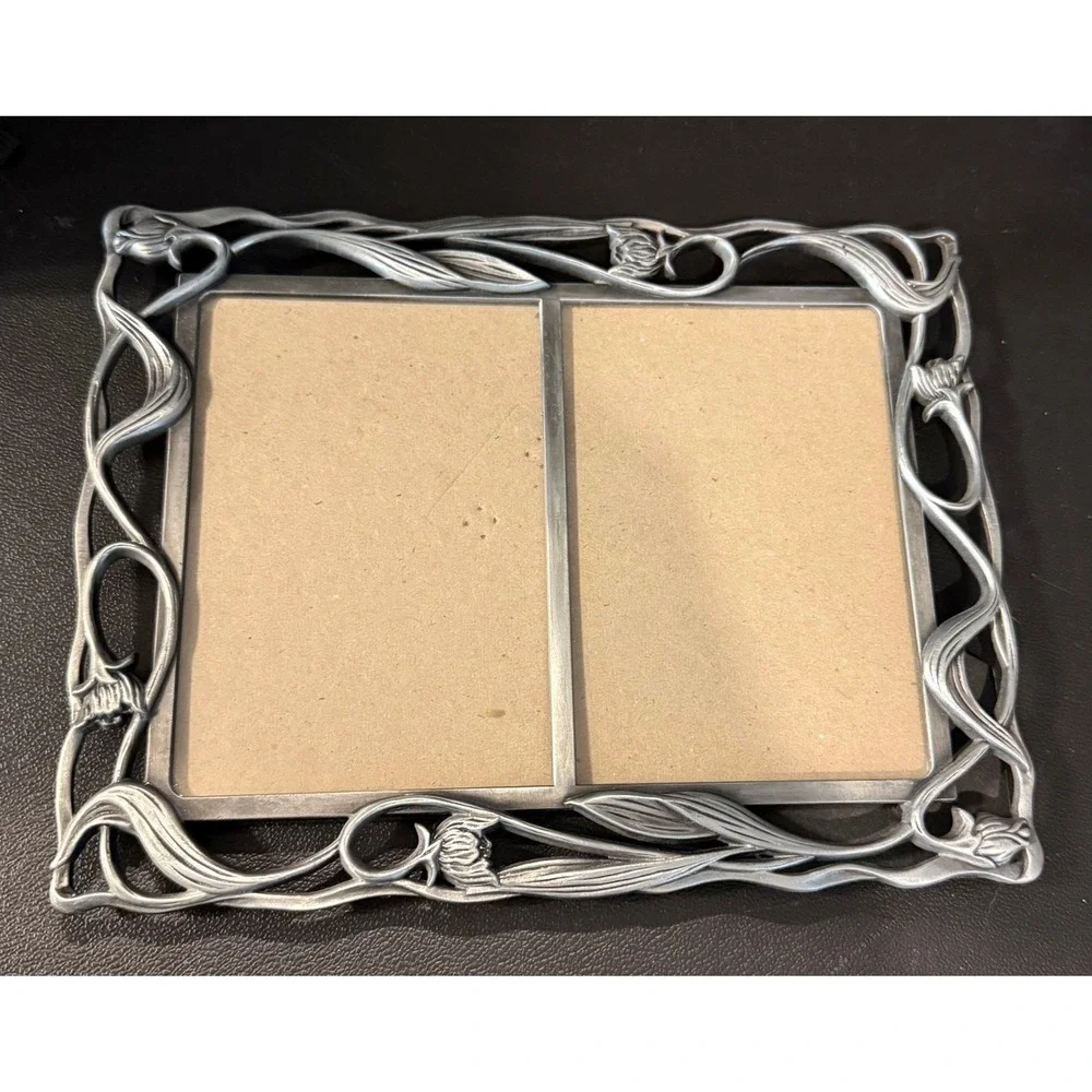 Double Picture Frame Silver Art Nouveau Tulip Metal 3x4.5 Free Standing Vintage